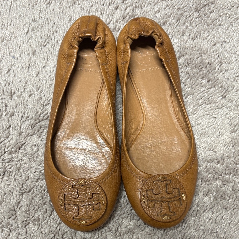 Tory Burch Tan Leather Logo Ballet Flats
